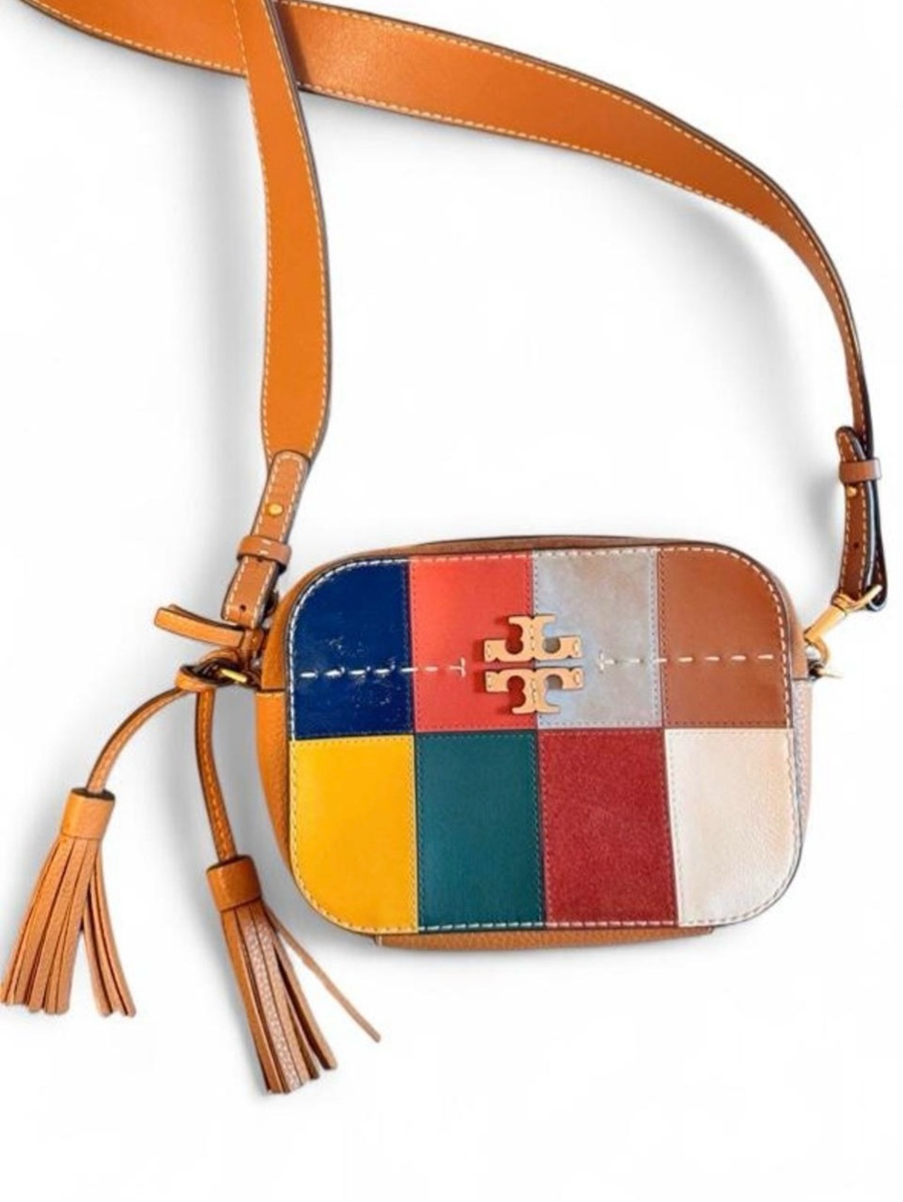 Tory Burch Patchwork Crossbody in Blue, Red, Yellow, Green, Brown, Cream, Tan